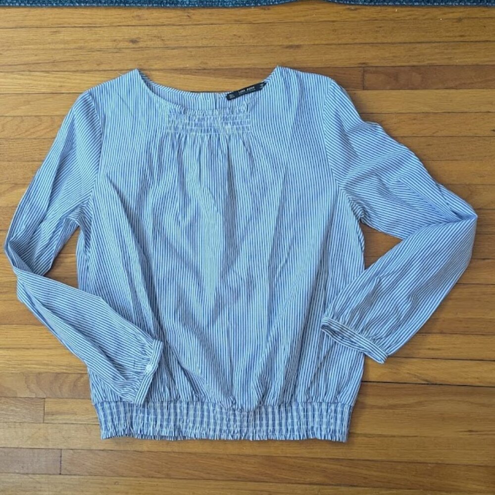 NWOT ZARA Women Size L Shirt Top Blue White Pinstripe Smocked Lightweight